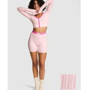 Victoria's Secret Pink Lounge Pink Ribbed Cropped Cardigan Short Set  New